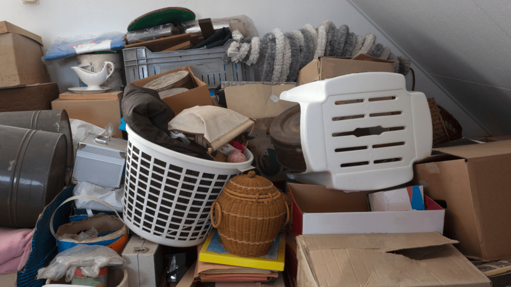 A cluttered attic space filled with various items: a white plastic chair, cardboard boxes, a wicker urn, and miscellaneous household objects, all haphazardly stacked, creating a sense of disarray and untidiness.