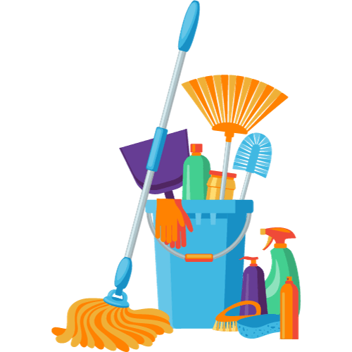 Vector illustration of a blue cleaning bucket filled with various cleaning tools and supplies. Visible items include a mop, a broom, a dustpan, a bottle brush, cleaning gloves, and spray bottles, symbolizing housework and maintenance tasks.