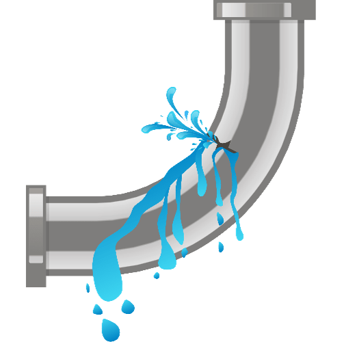 An illustration of a grey pipe leaking blue water, with water droplets splashing away from a crack. The image is set against a transparent background, highlighting the issue of water leakage from plumbing.