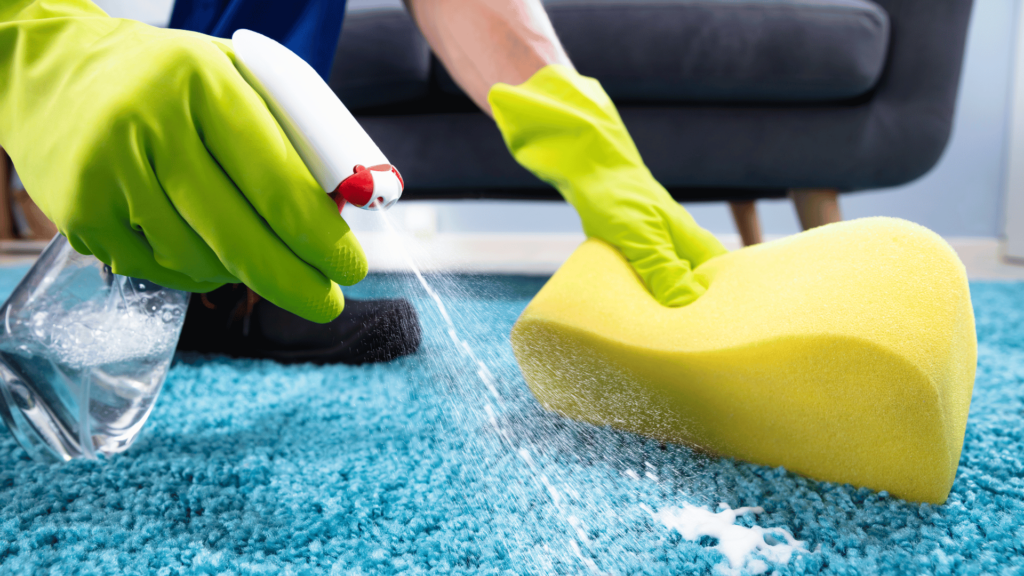 A close-up of a person's hand in a yellow rubber glove holding a white spray bottle, applying cleaning foam on a bright blue carpet. A large yellow sponge is also held in the other hand, ready for scrubbing the surface.